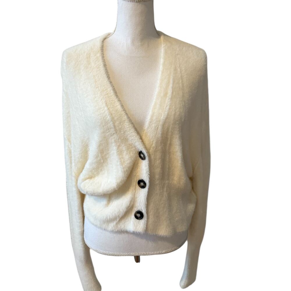 Free People Fuzzy V Neck Slouchy Cardigan Sweater Winter White XS